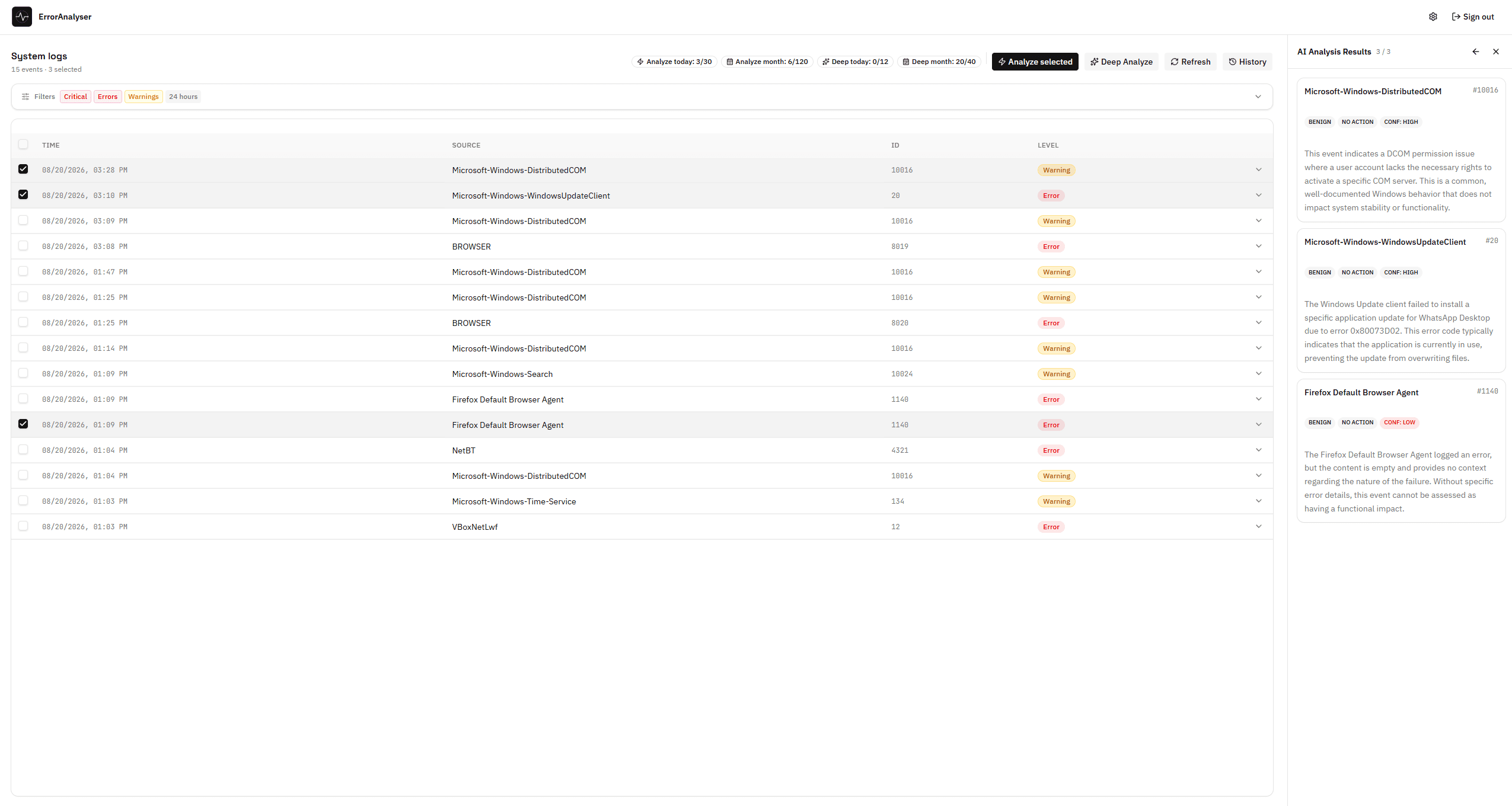 ErrorAnalyser showing a DistributedCOM 10016 warning, a Windows Update Client error and a Firefox Default Browser Agent error, each labelled benign, no action